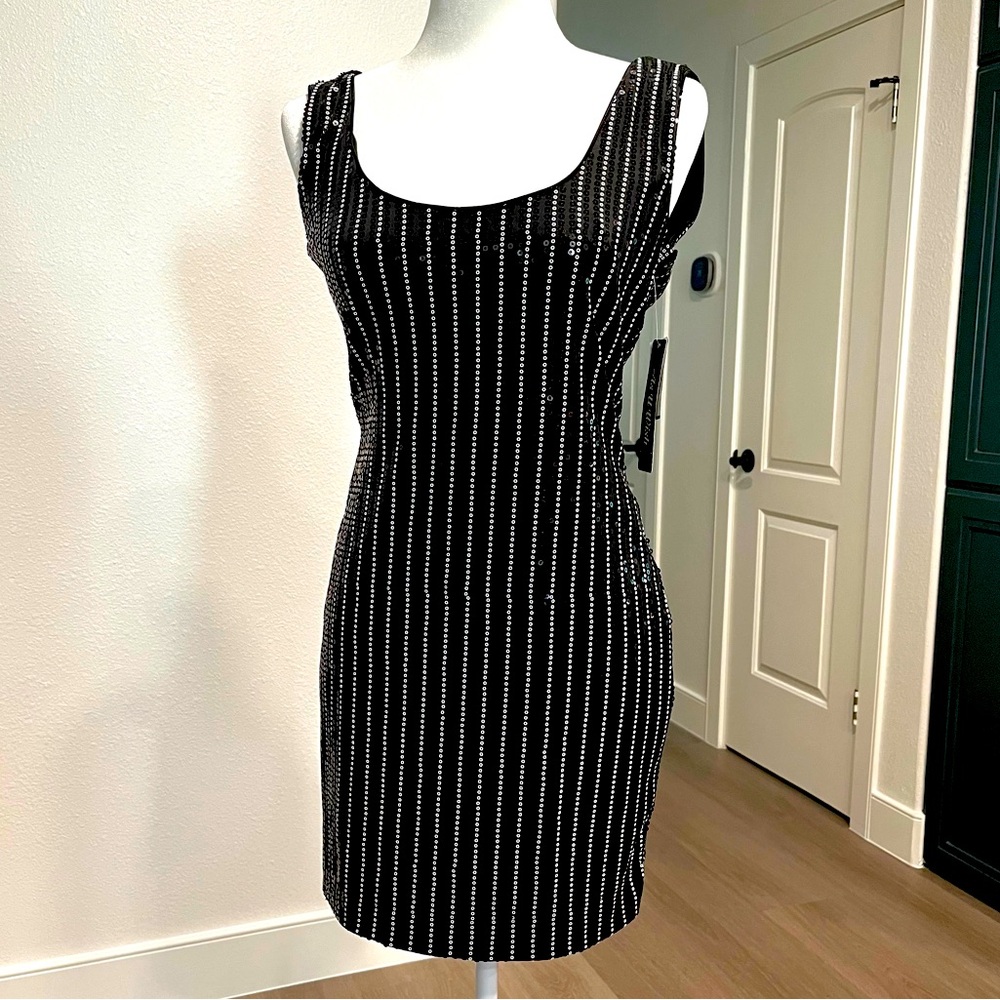 New As u Wish Black and White Sequined Cocktail Dress